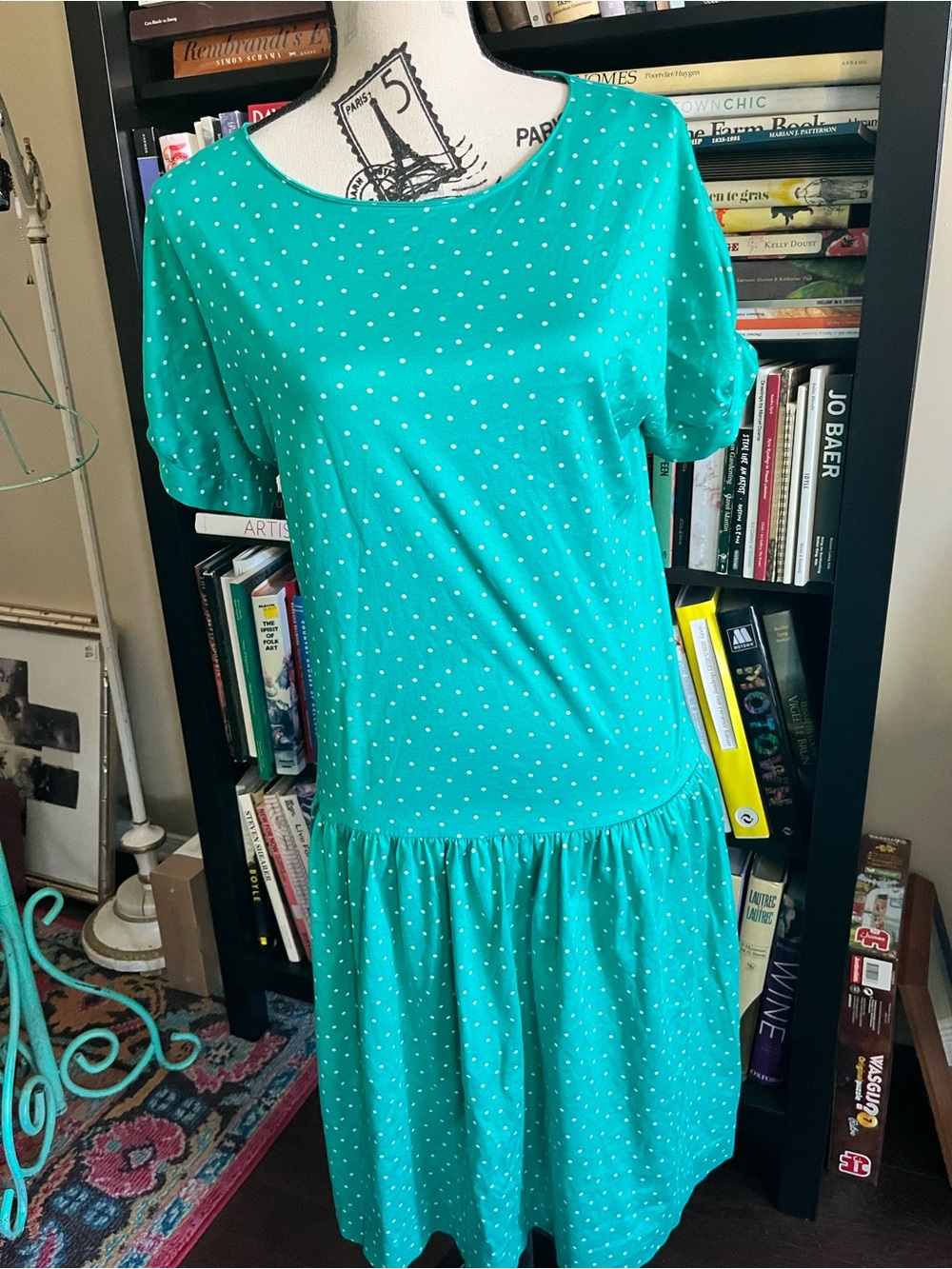 Vintage Laura Ashley 1980s Teal Polka Dot Drop-Waist Dress